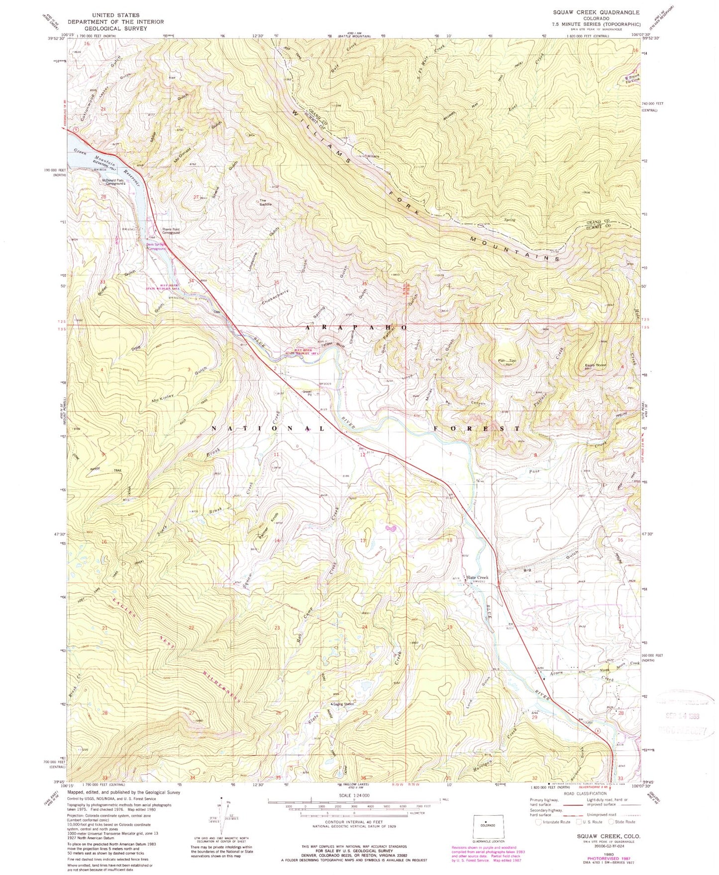 Classic USGS Squaw Creek Colorado 7.5'x7.5' Topo Map Image