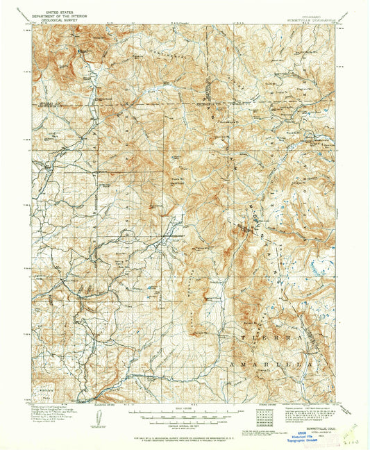 Historic 1913 Summitville Colorado 30'x30' Topo Map Image
