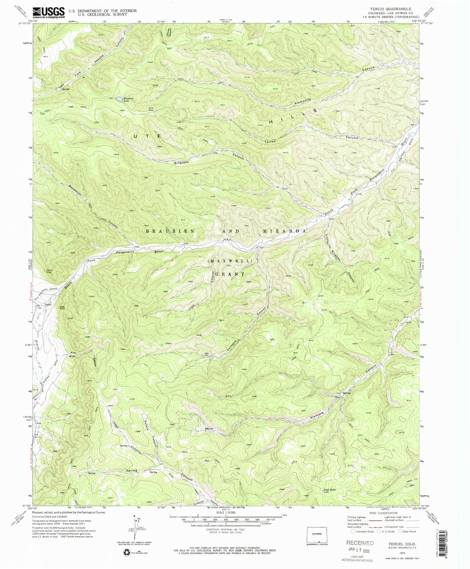 Classic USGS Tercio Colorado 7.5'x7.5' Topo Map Image