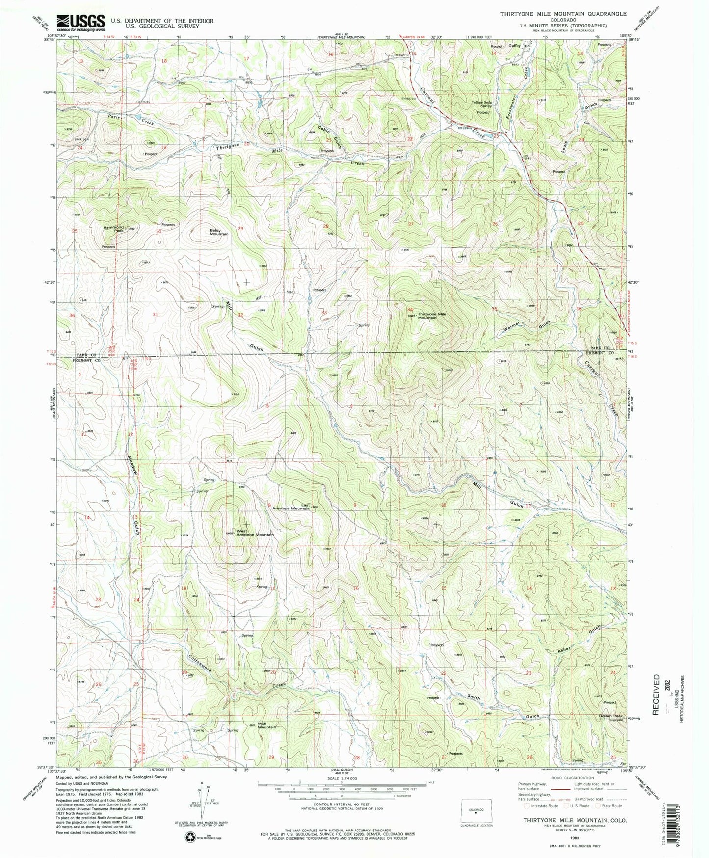 Classic USGS Thirtyone Mile Mountain Colorado 7.5'x7.5' Topo Map Image