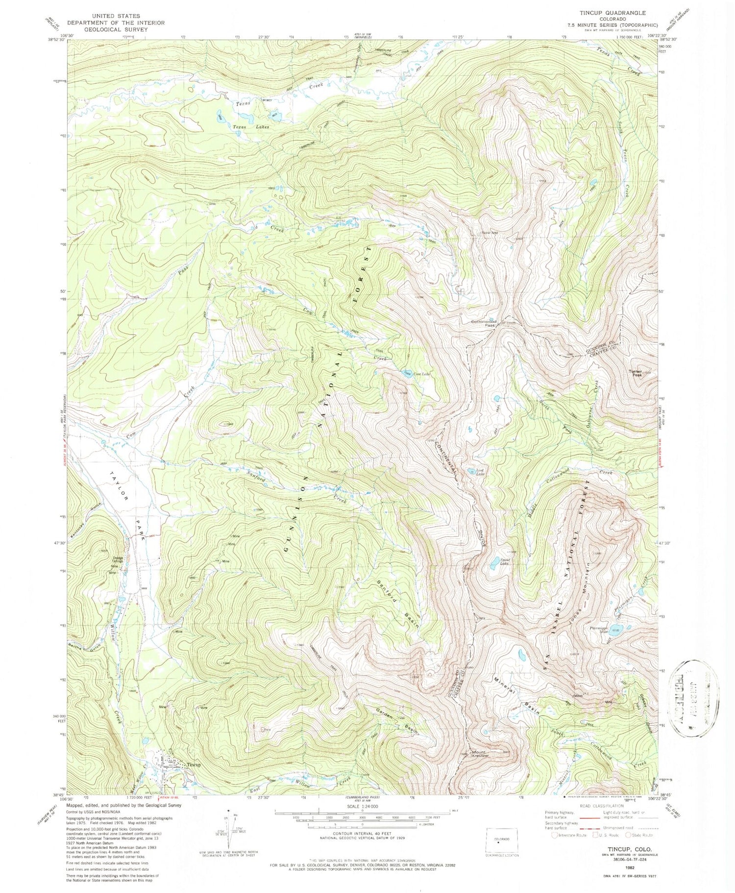 Classic USGS Tincup Colorado 7.5'x7.5' Topo Map Image