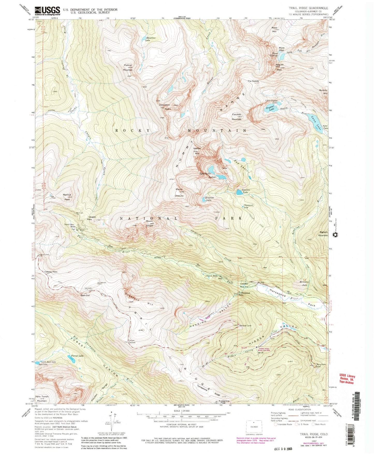 Classic USGS Trail Ridge Colorado 7.5'x7.5' Topo Map Image