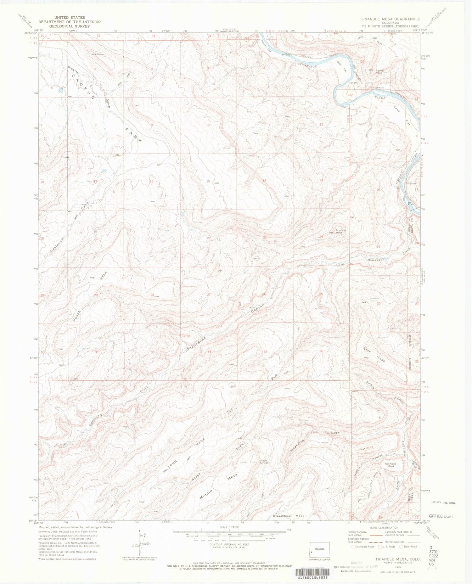 Classic USGS Triangle Mesa Colorado 7.5'x7.5' Topo Map Image