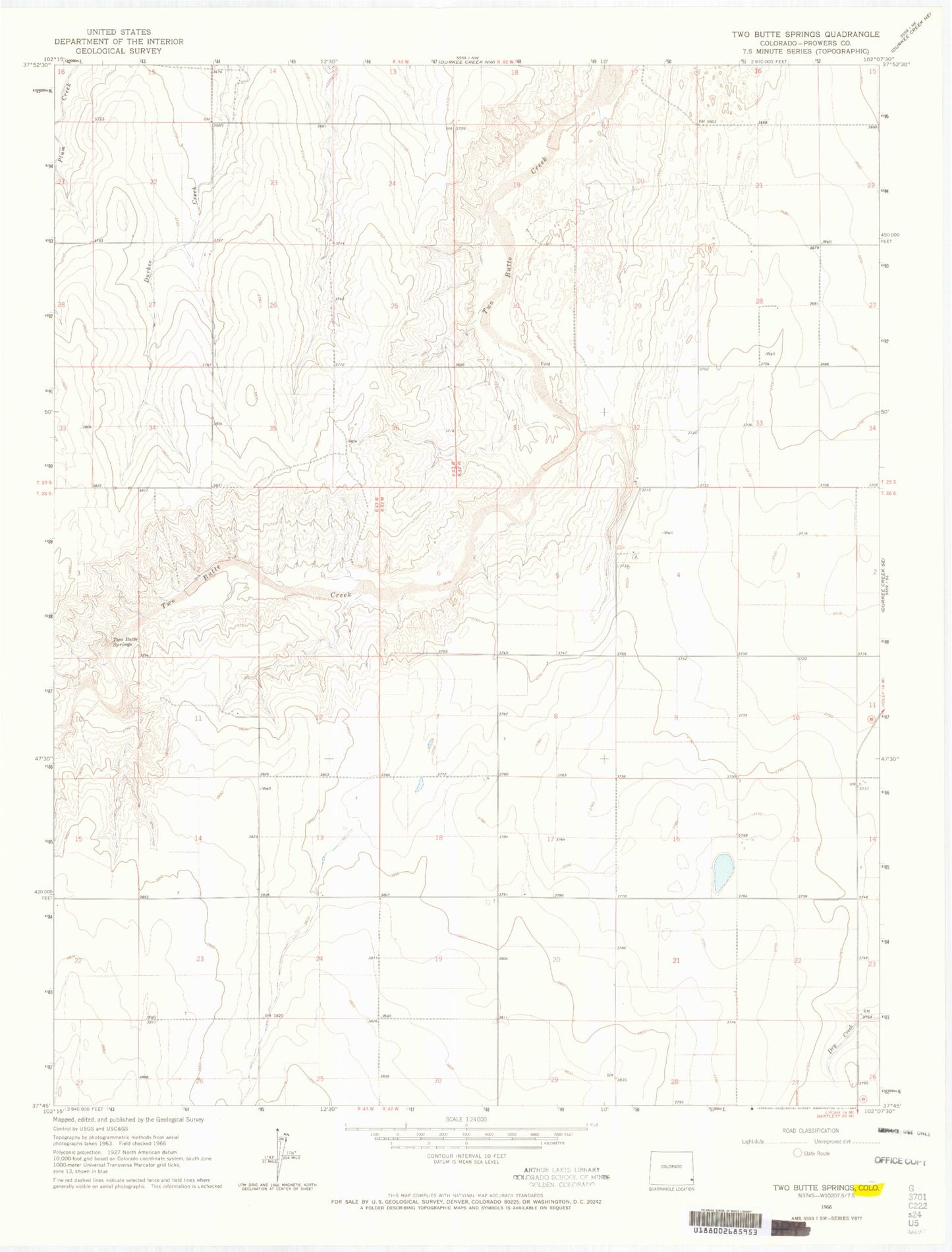 Classic USGS Two Butte Springs Colorado 7.5'x7.5' Topo Map Image