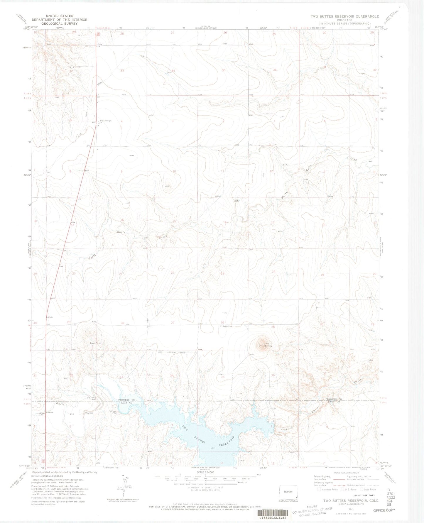 Classic USGS Two Buttes Reservoir Colorado 7.5'x7.5' Topo Map Image