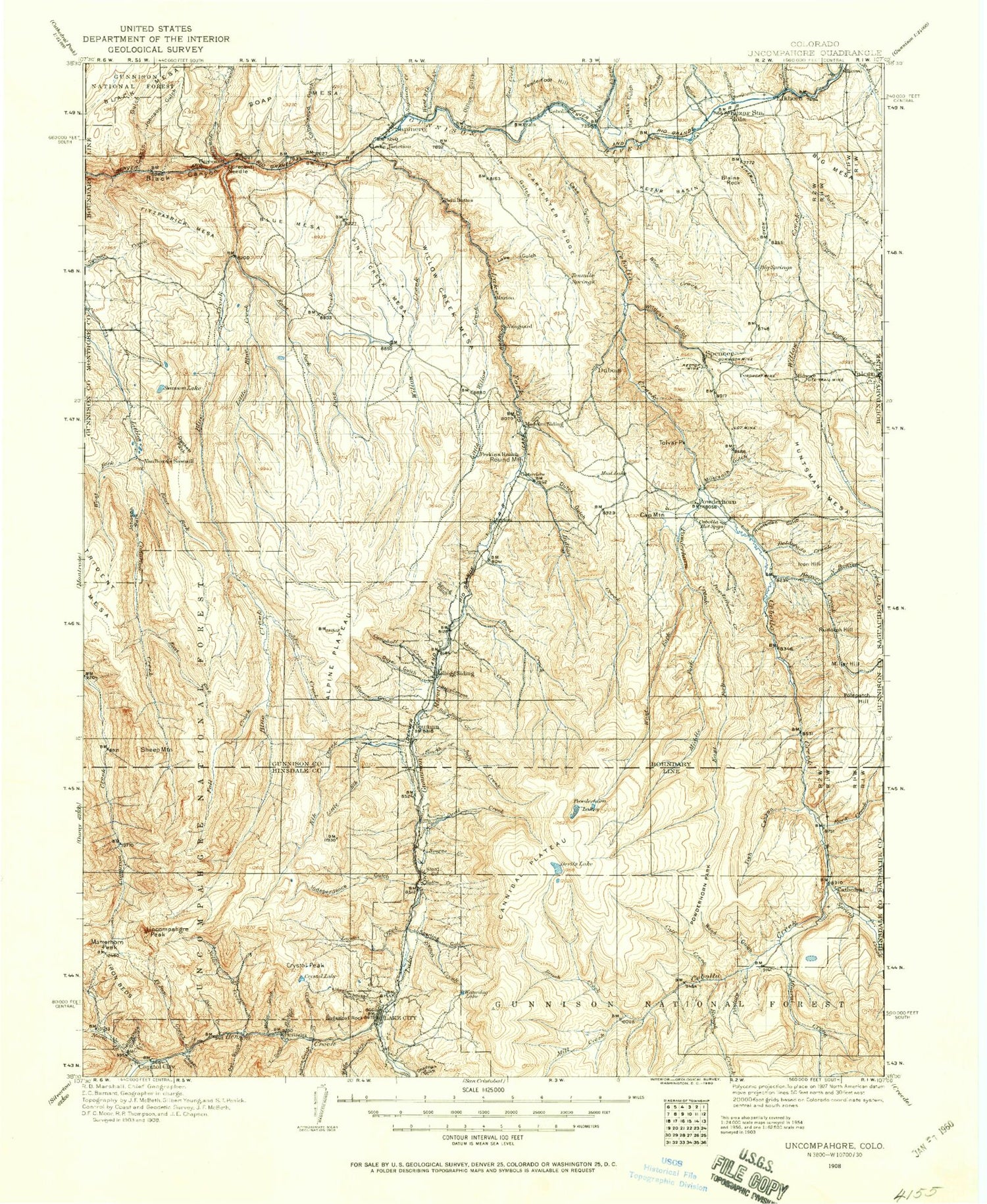 Historic 1908 Uncompahgre Colorado 30'x30' Topo Map Image