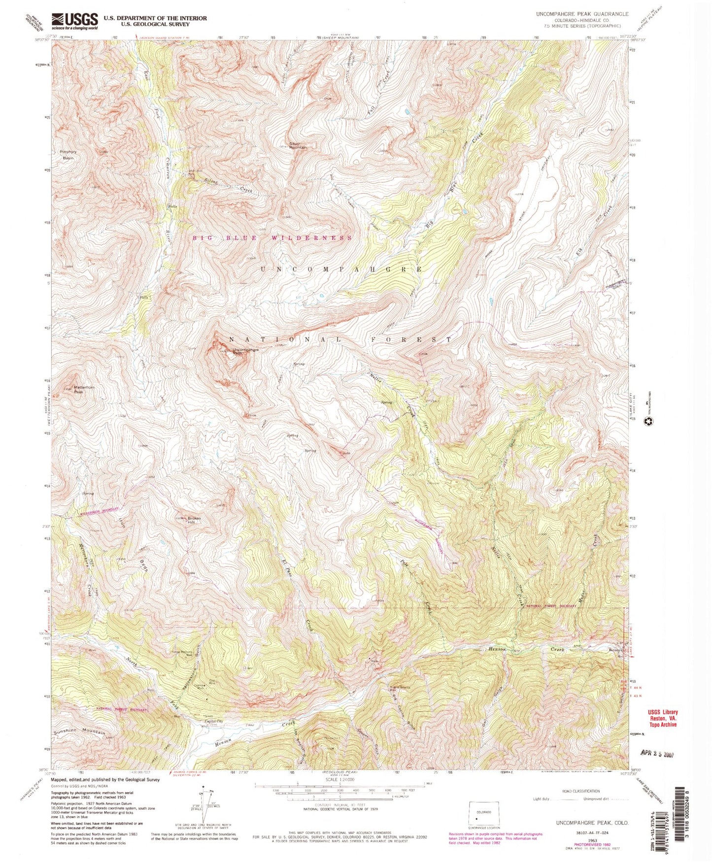 USGS Classic Uncompahgre Peak Colorado 7.5'x7.5' Topo Map Image