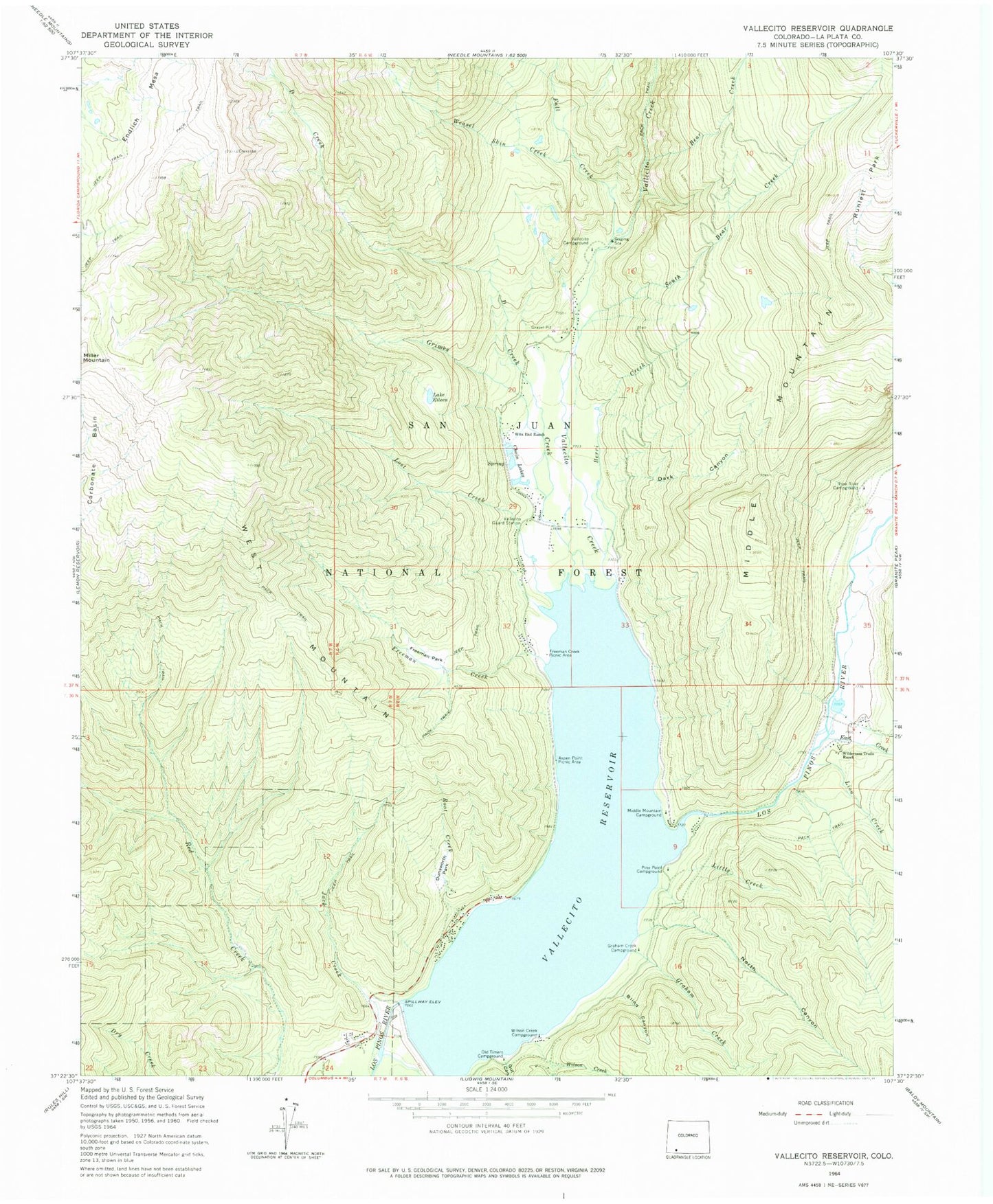 Classic USGS Vallecito Reservoir Colorado 7.5'x7.5' Topo Map Image