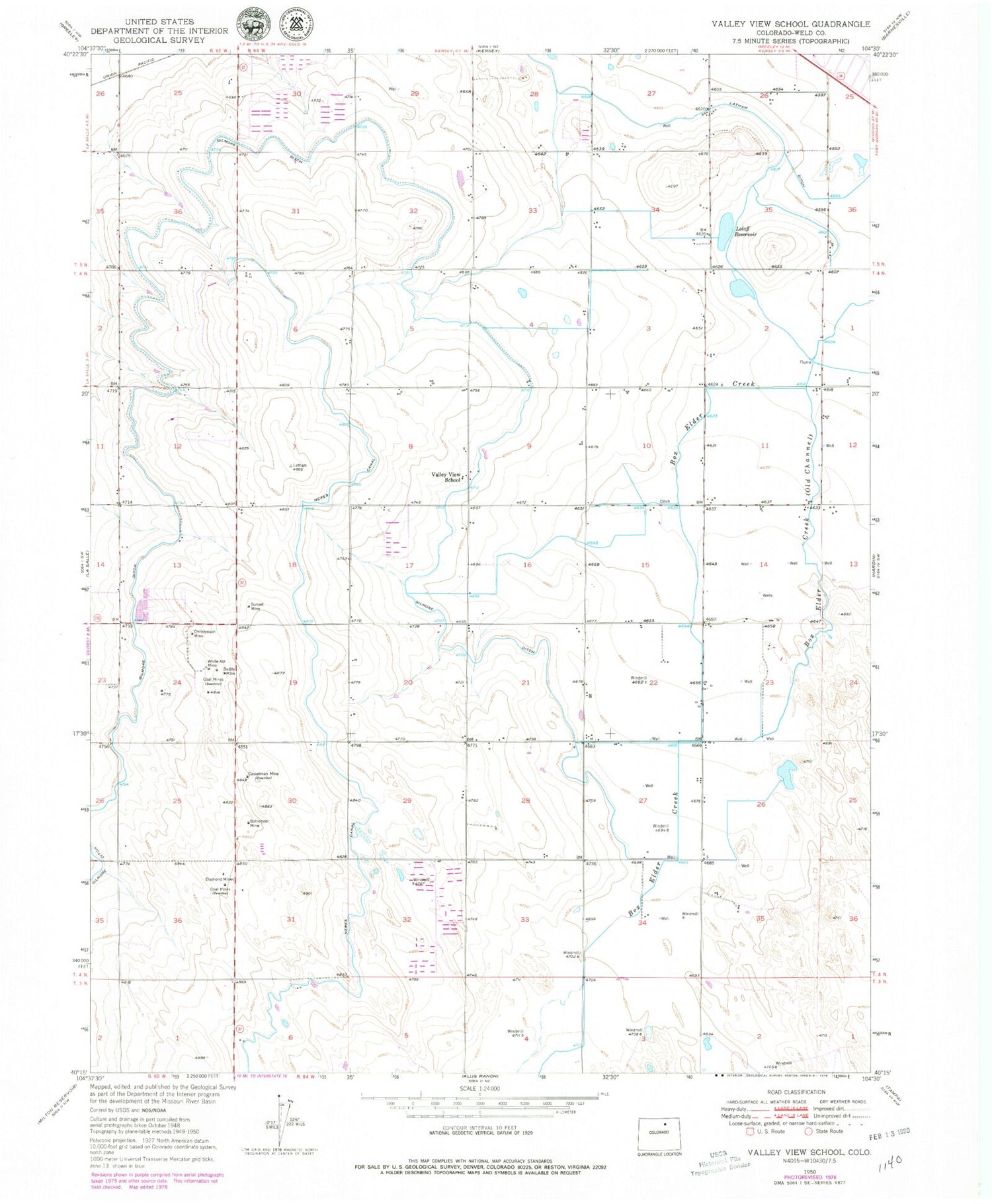 Classic USGS Valley View School Colorado 7.5'x7.5' Topo Map Image