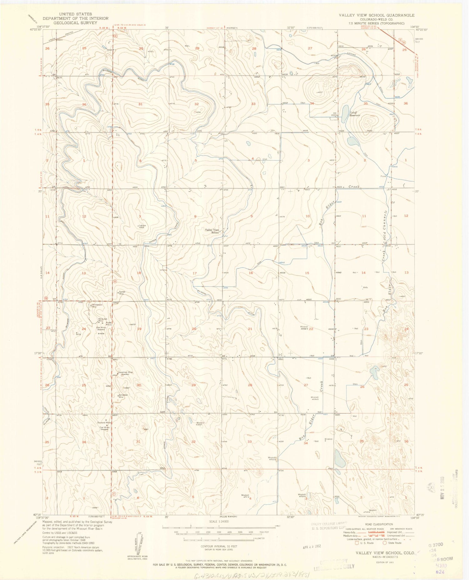 Classic USGS Valley View School Colorado 7.5'x7.5' Topo Map Image