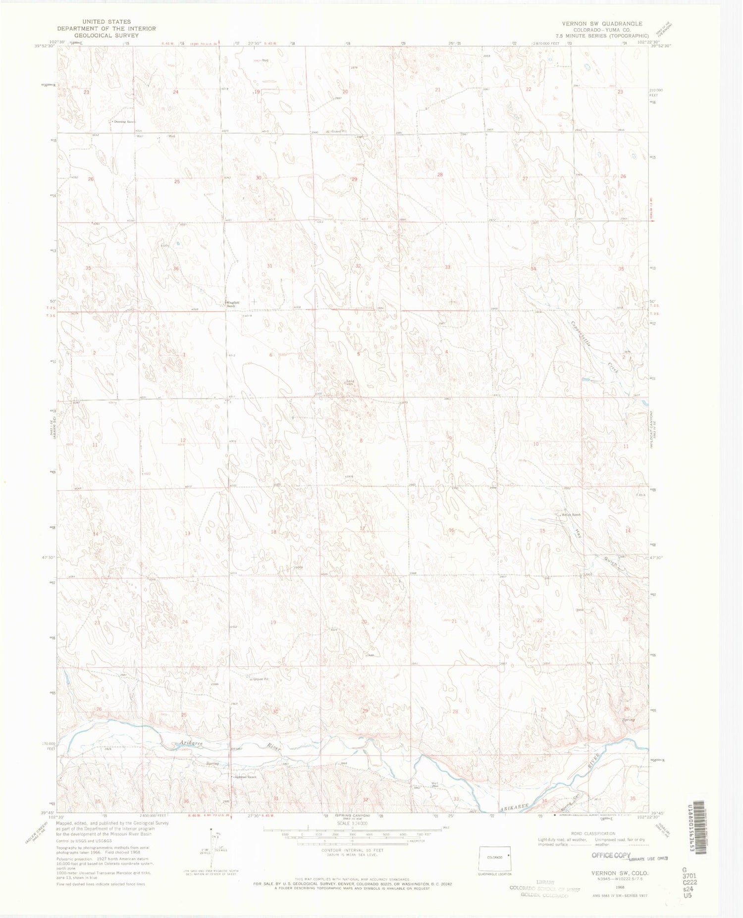 Classic USGS Vernon SW Colorado 7.5'x7.5' Topo Map Image