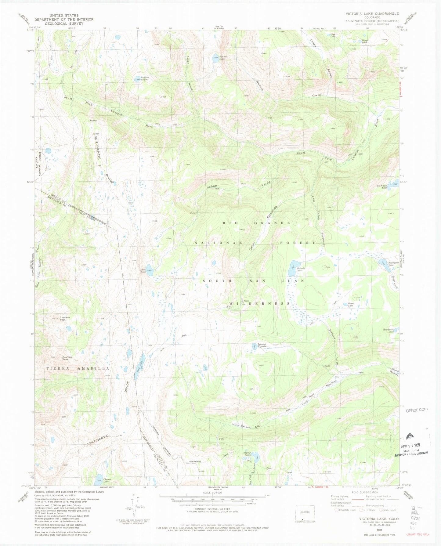 USGS Classic Victoria Lake Colorado 7.5'x7.5' Topo Map Image