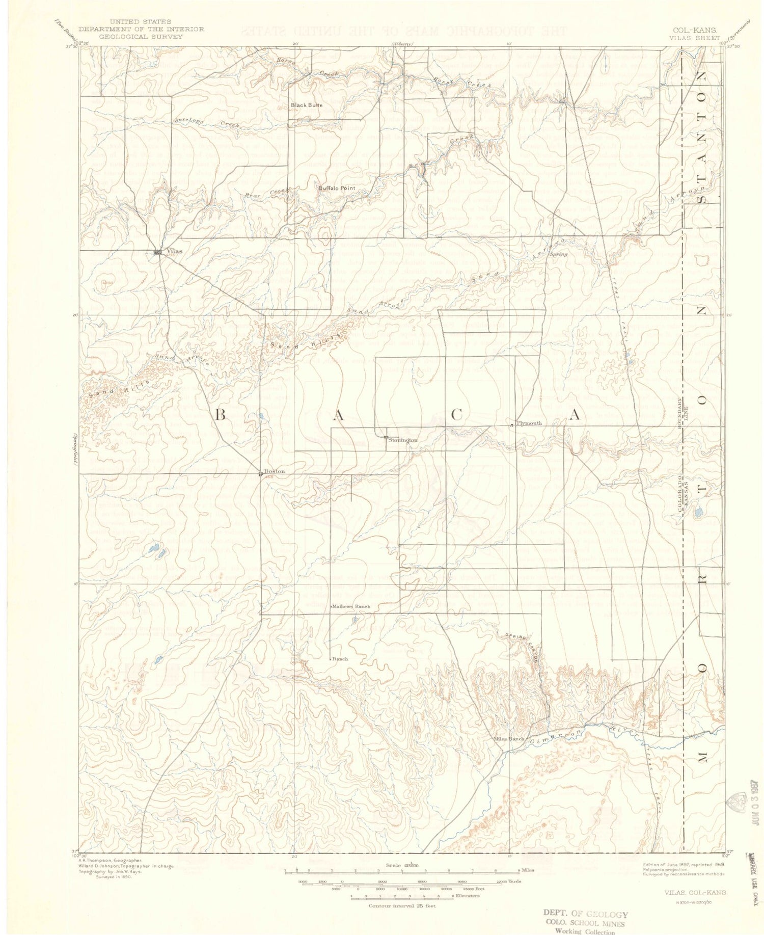 Historic 1892 Vilas Colorado 30'x30' Topo Map Image