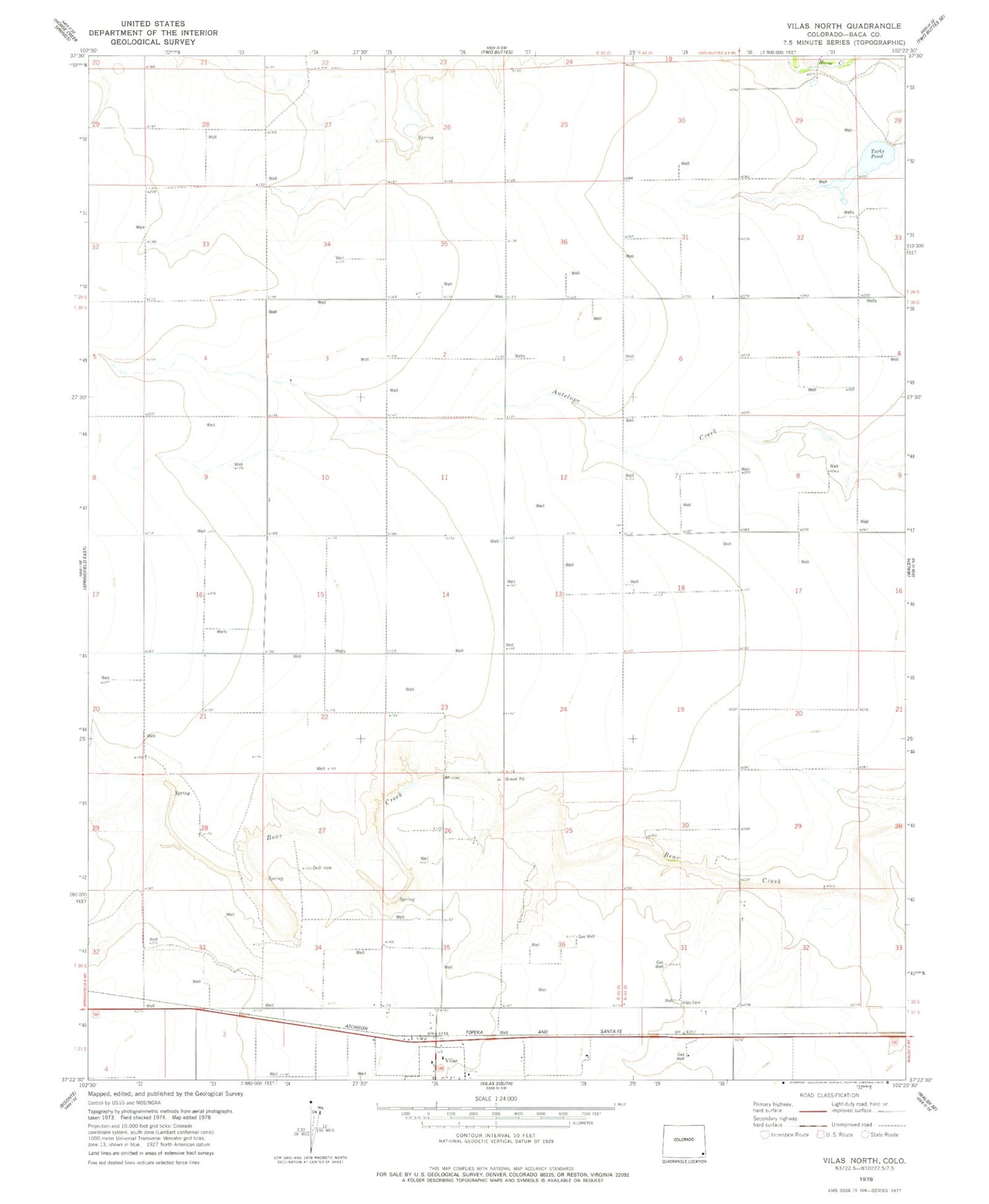 Classic USGS Vilas North Colorado 7.5'x7.5' Topo Map Image