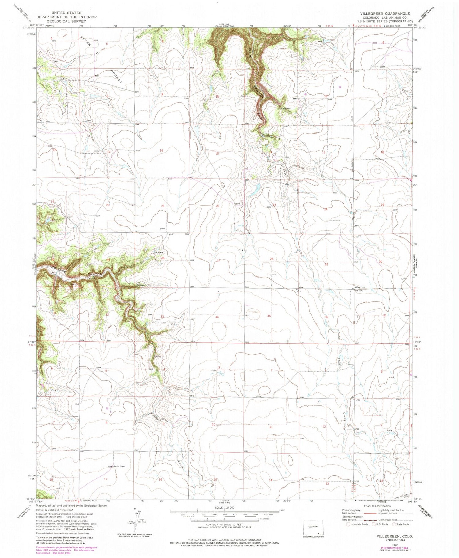 Classic USGS Villegreen Colorado 7.5'x7.5' Topo Map Image