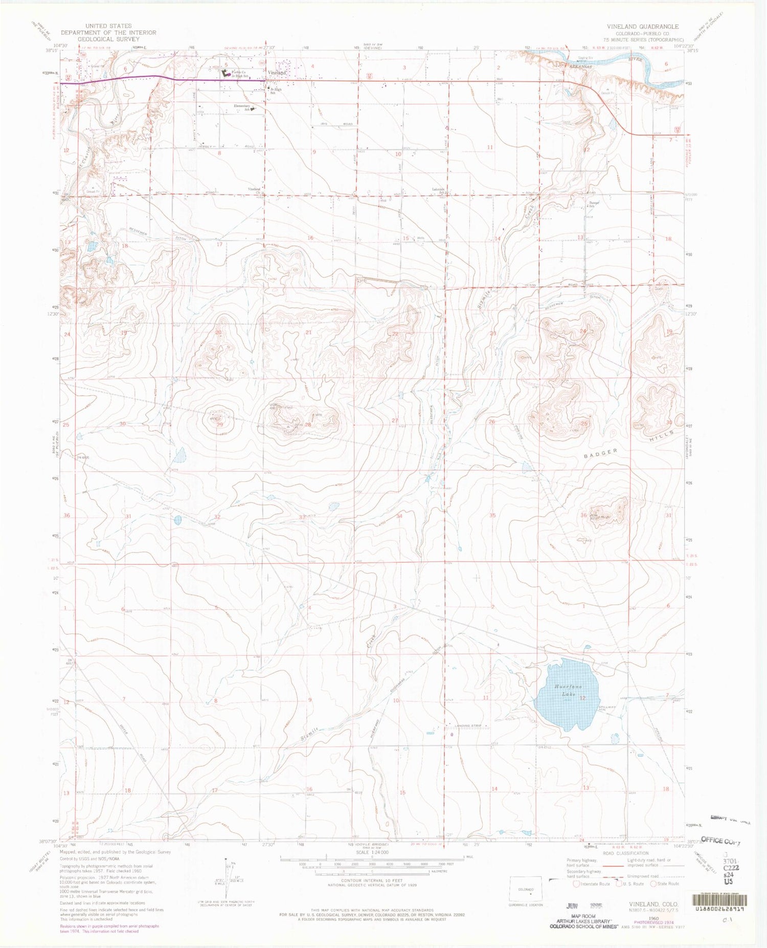 Classic USGS Vineland Colorado 7.5'x7.5' Topo Map Image