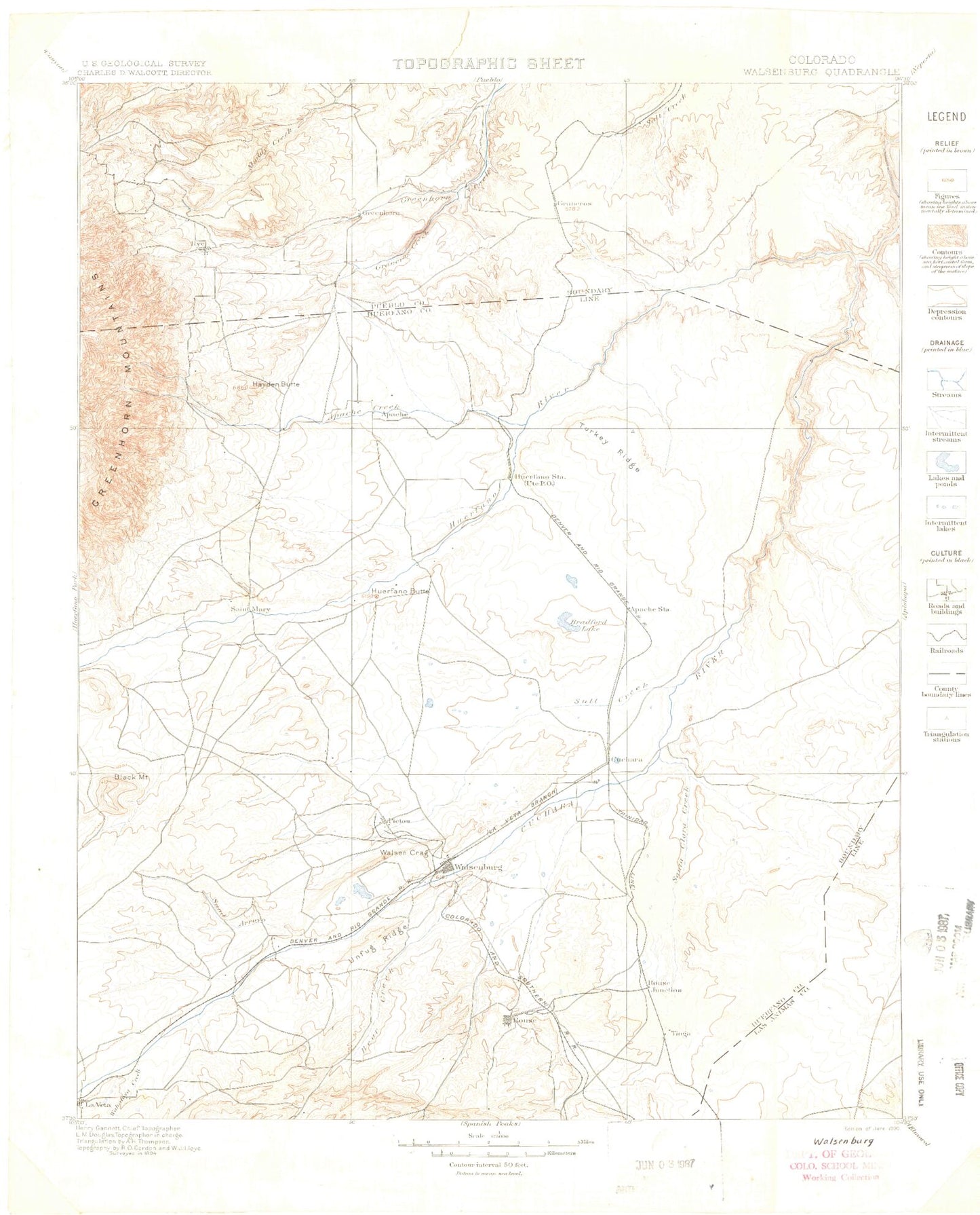 Historic 1900 Walsenburg Colorado 30'x30' Topo Map Image
