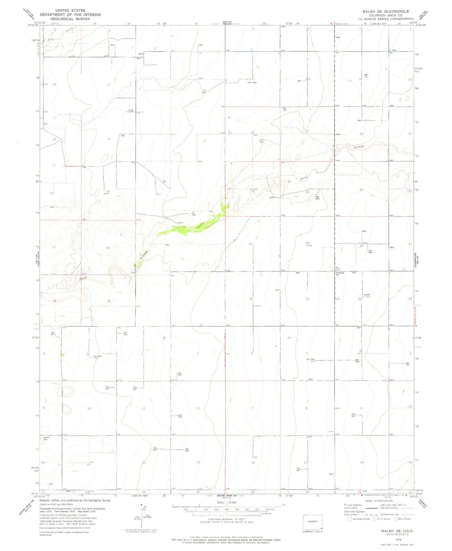Classic USGS Walsh SE Colorado 7.5'x7.5' Topo Map Image