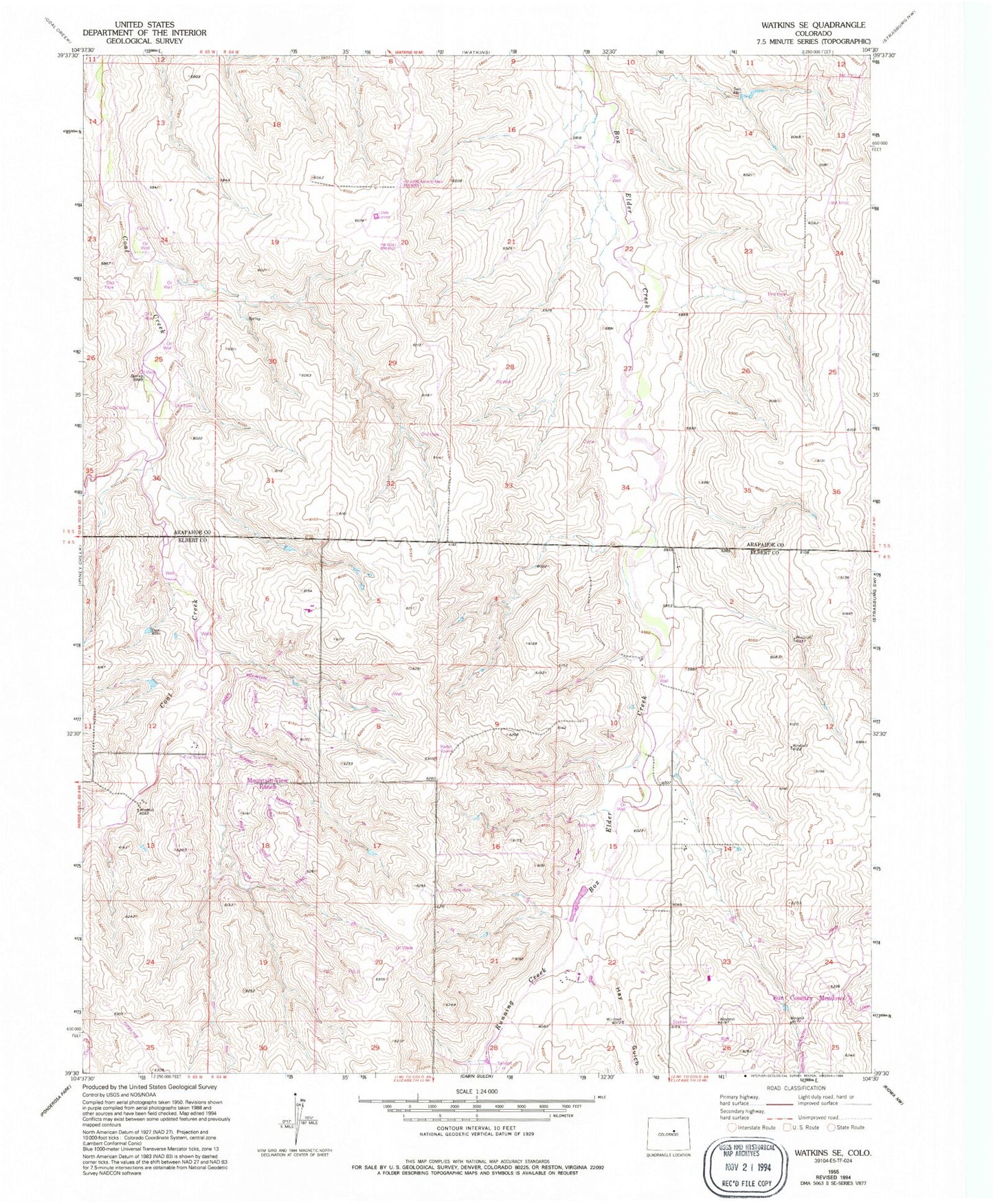 Classic USGS Watkins SE Colorado 7.5'x7.5' Topo Map Image