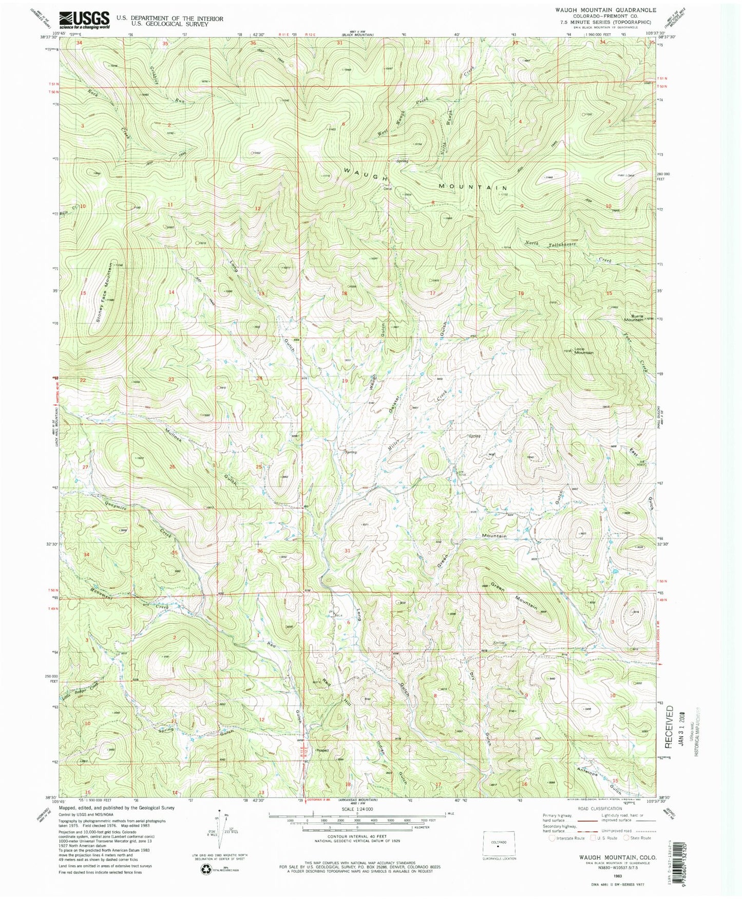 Classic USGS Waugh Mountain Colorado 7.5'x7.5' Topo Map Image