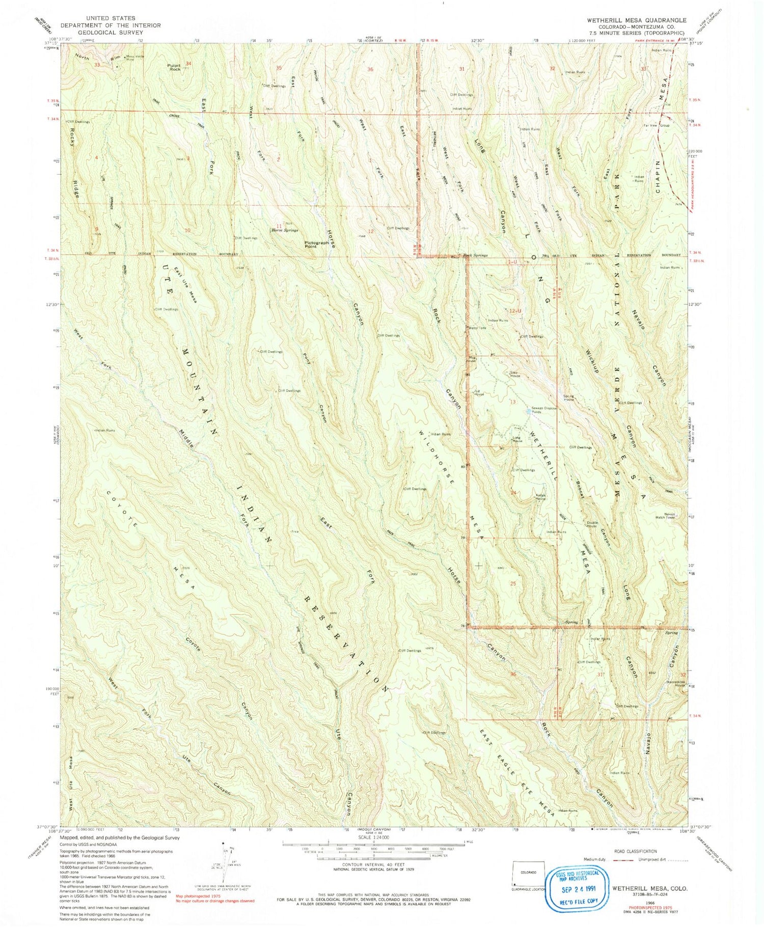 Classic USGS Wetherill Mesa Colorado 7.5'x7.5' Topo Map Image