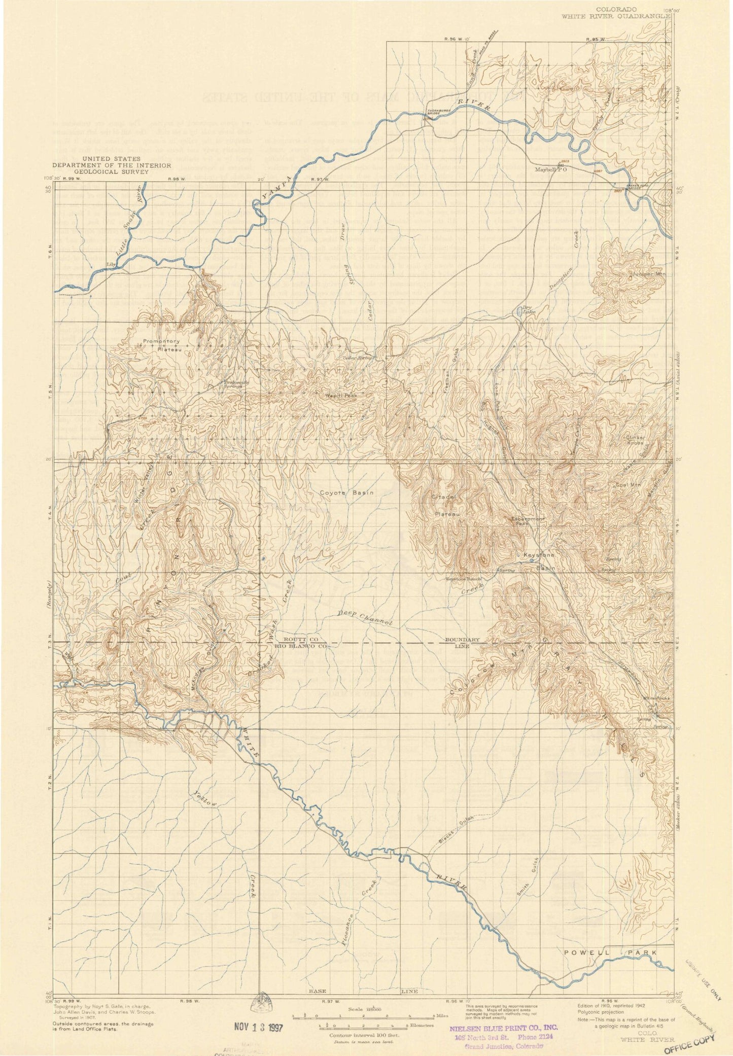 Historic 1910 White River Colorado 30'x30' Topo Map Image