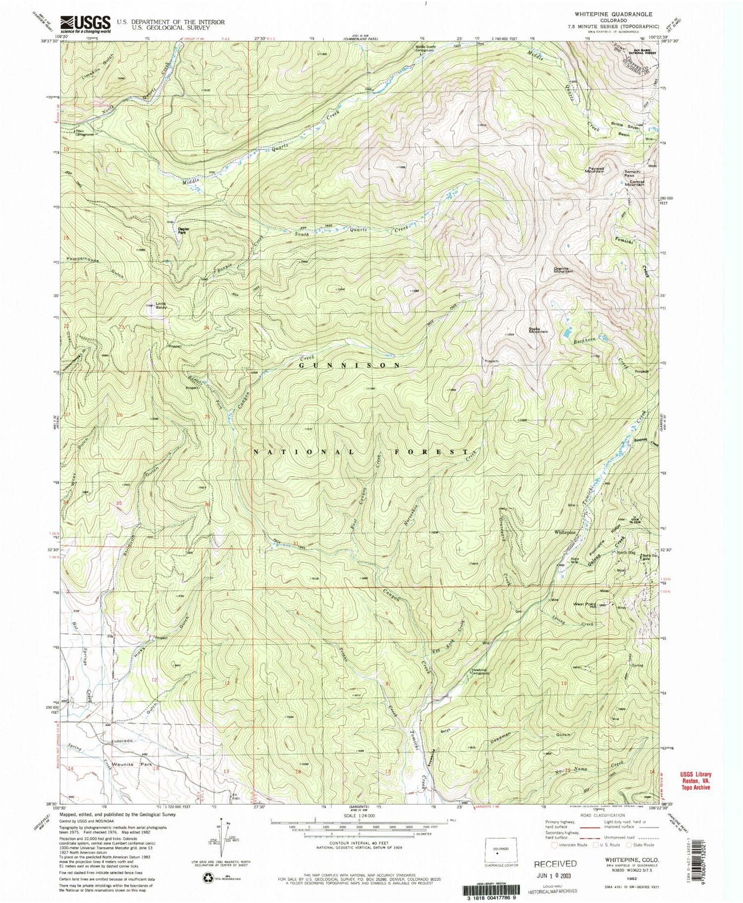 Classic USGS Whitepine Colorado 7.5'x7.5' Topo Map Image