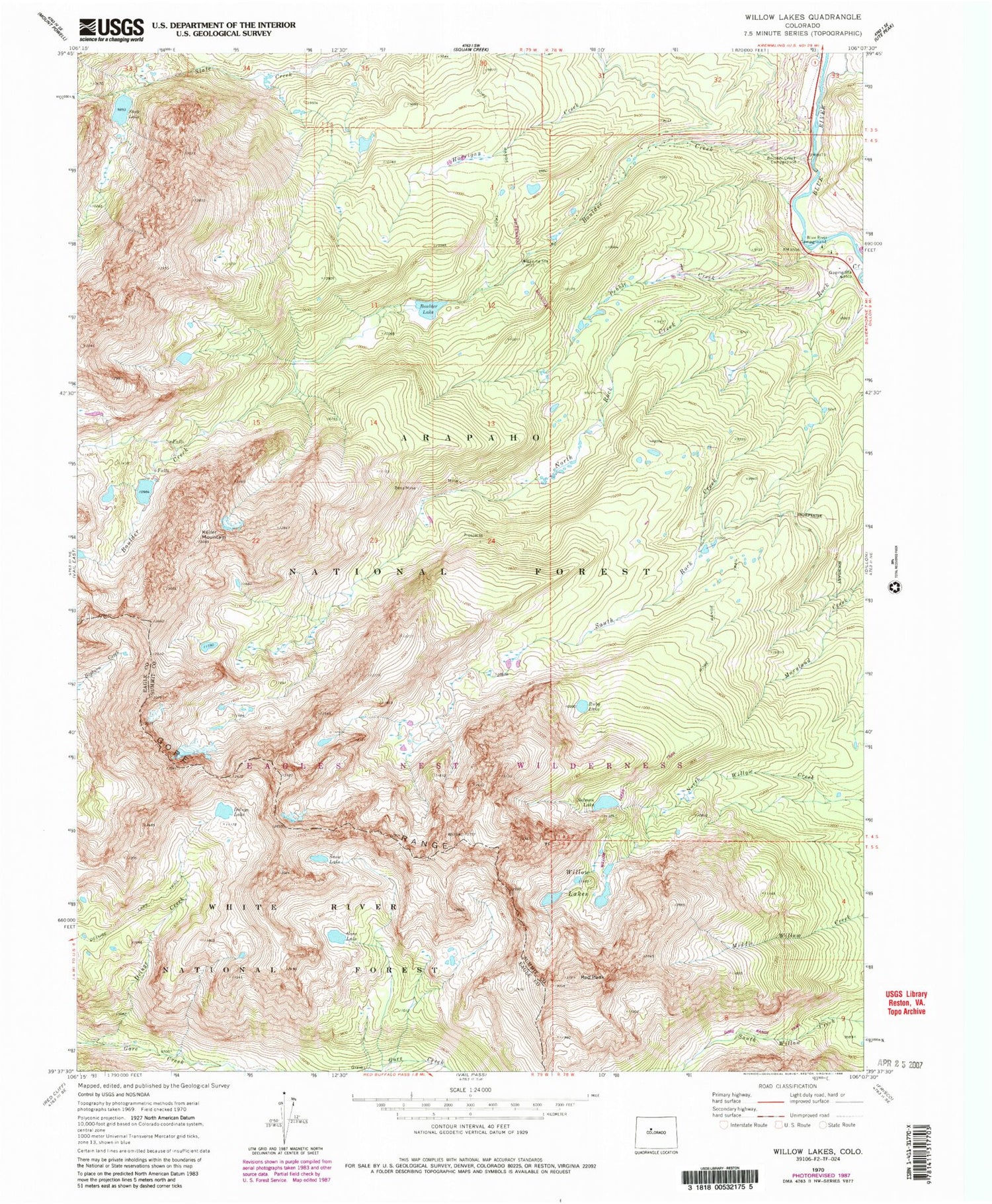 USGS Classic Willow Lakes Colorado 7.5'x7.5' Topo Map Image