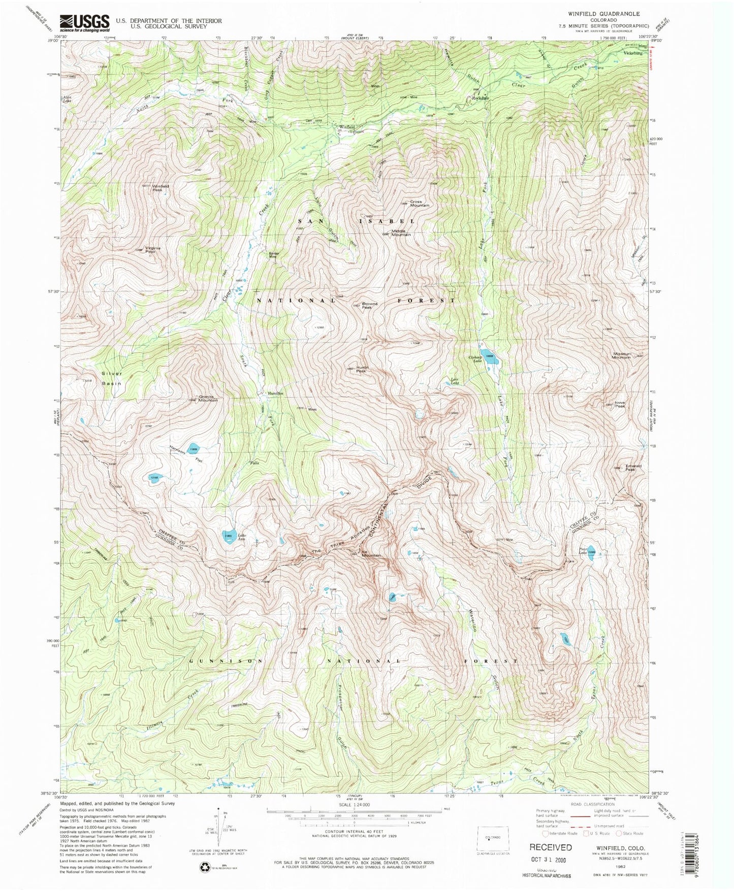 USGS Classic Winfield Colorado 7.5'x7.5' Topo Map Image