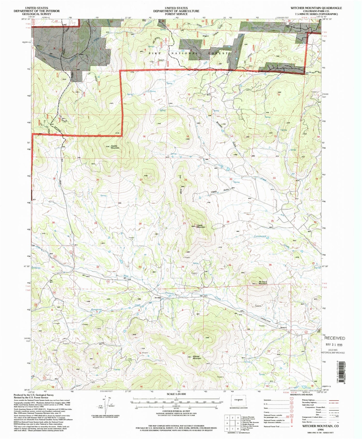 Classic USGS Witcher Mountain Colorado 7.5'x7.5' Topo Map Image