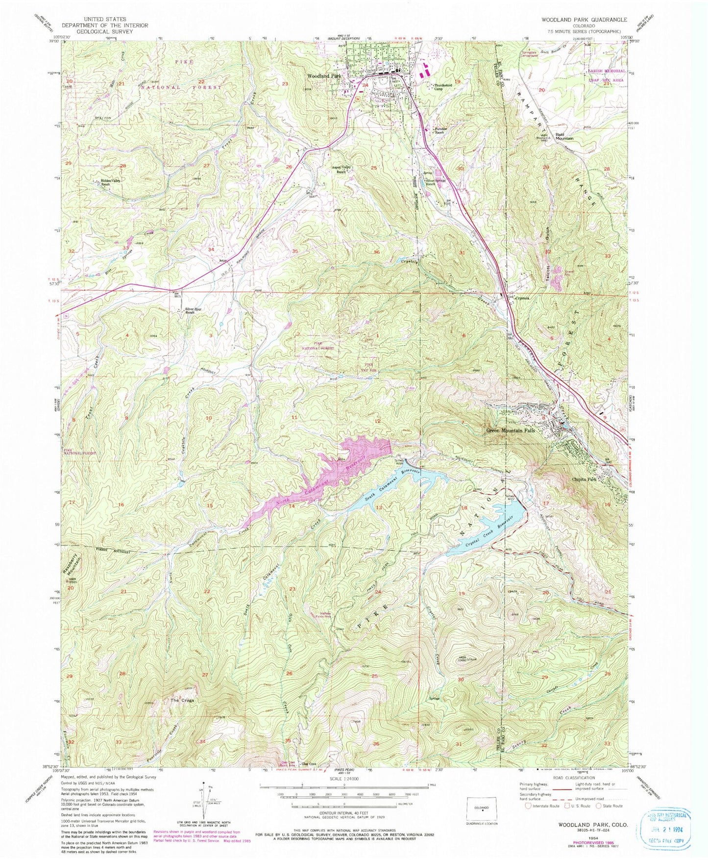 Classic USGS Woodland Park Colorado 7.5'x7.5' Topo Map Image