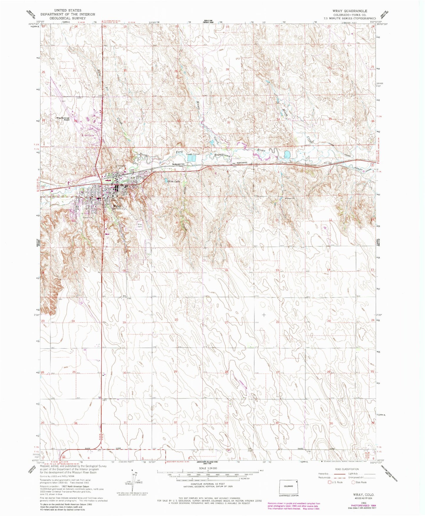 Classic USGS Wray Colorado 7.5'x7.5' Topo Map Image