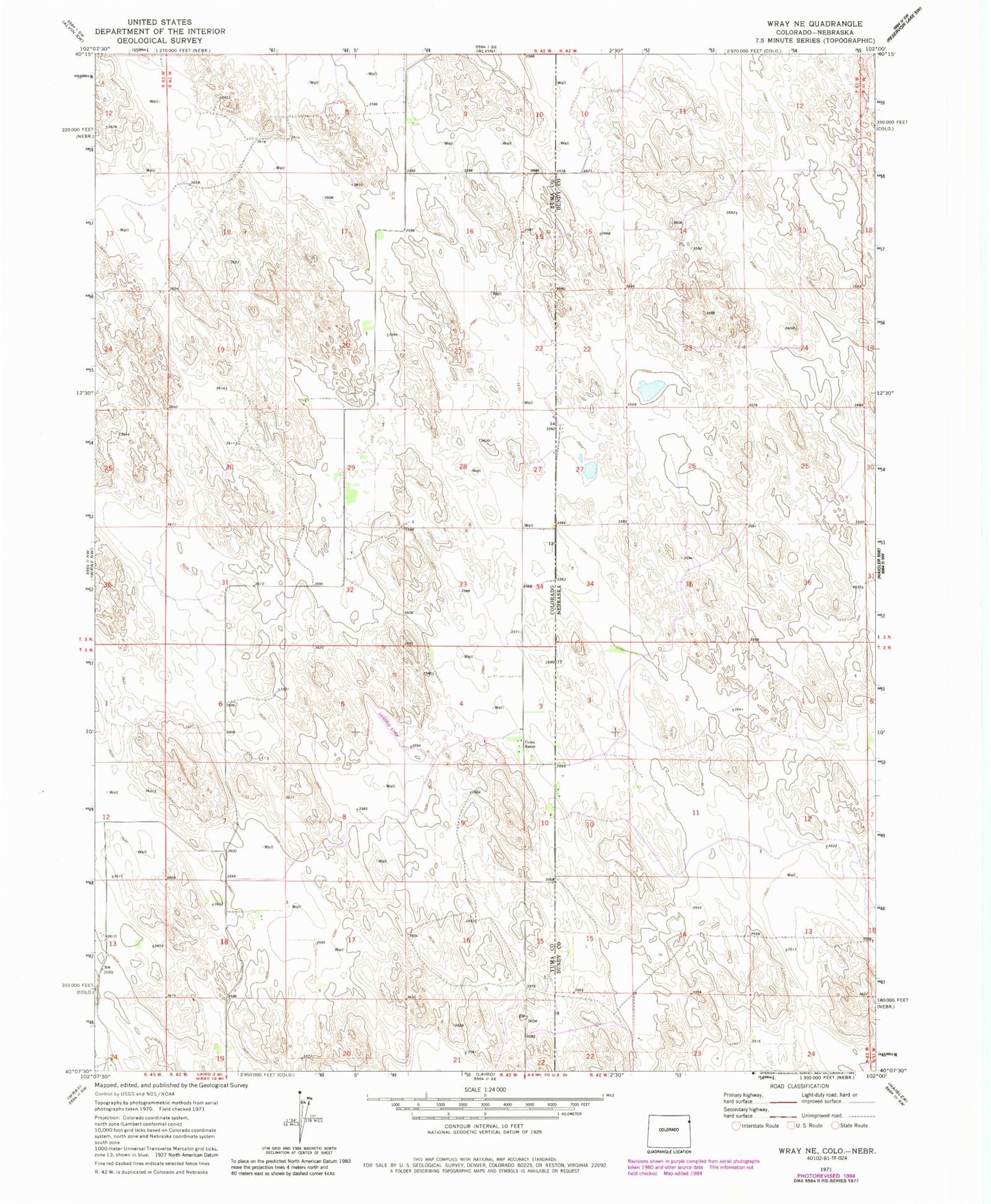 Classic USGS Wray NE Colorado 7.5'x7.5' Topo Map Image