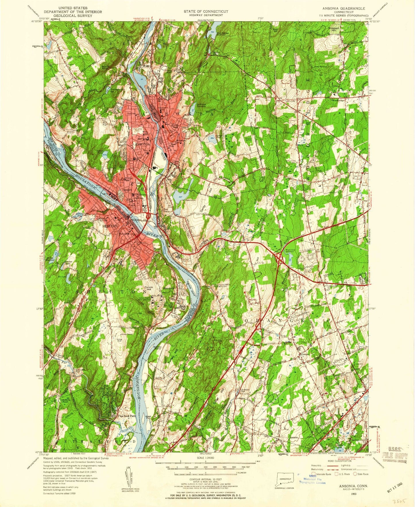 Classic USGS Ansonia Connecticut 7.5'x7.5' Topo Map Image