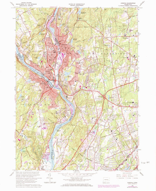 Classic USGS Ansonia Connecticut 7.5'x7.5' Topo Map Image