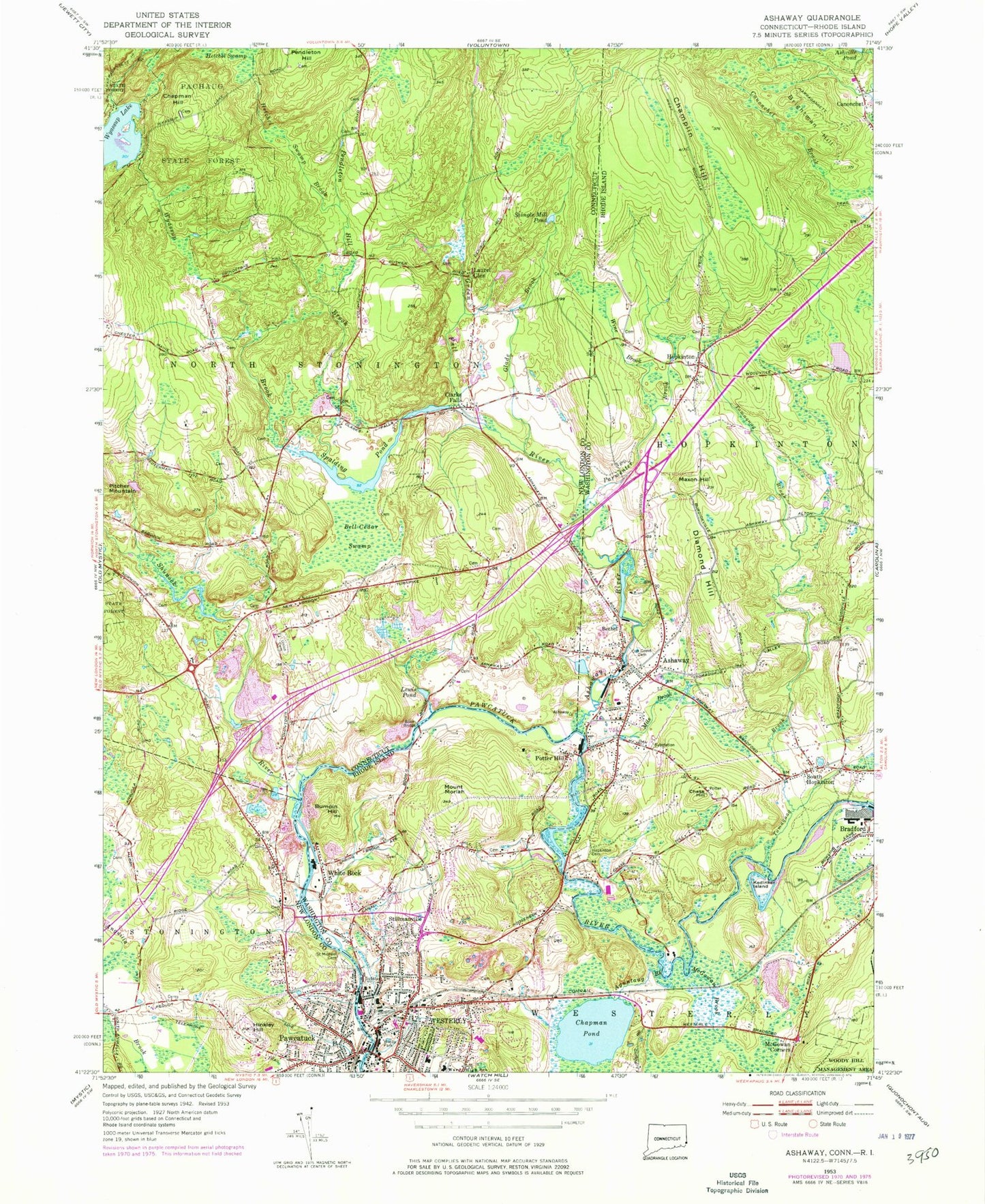 Classic USGS Ashaway Rhode Island 7.5'x7.5' Topo Map Image