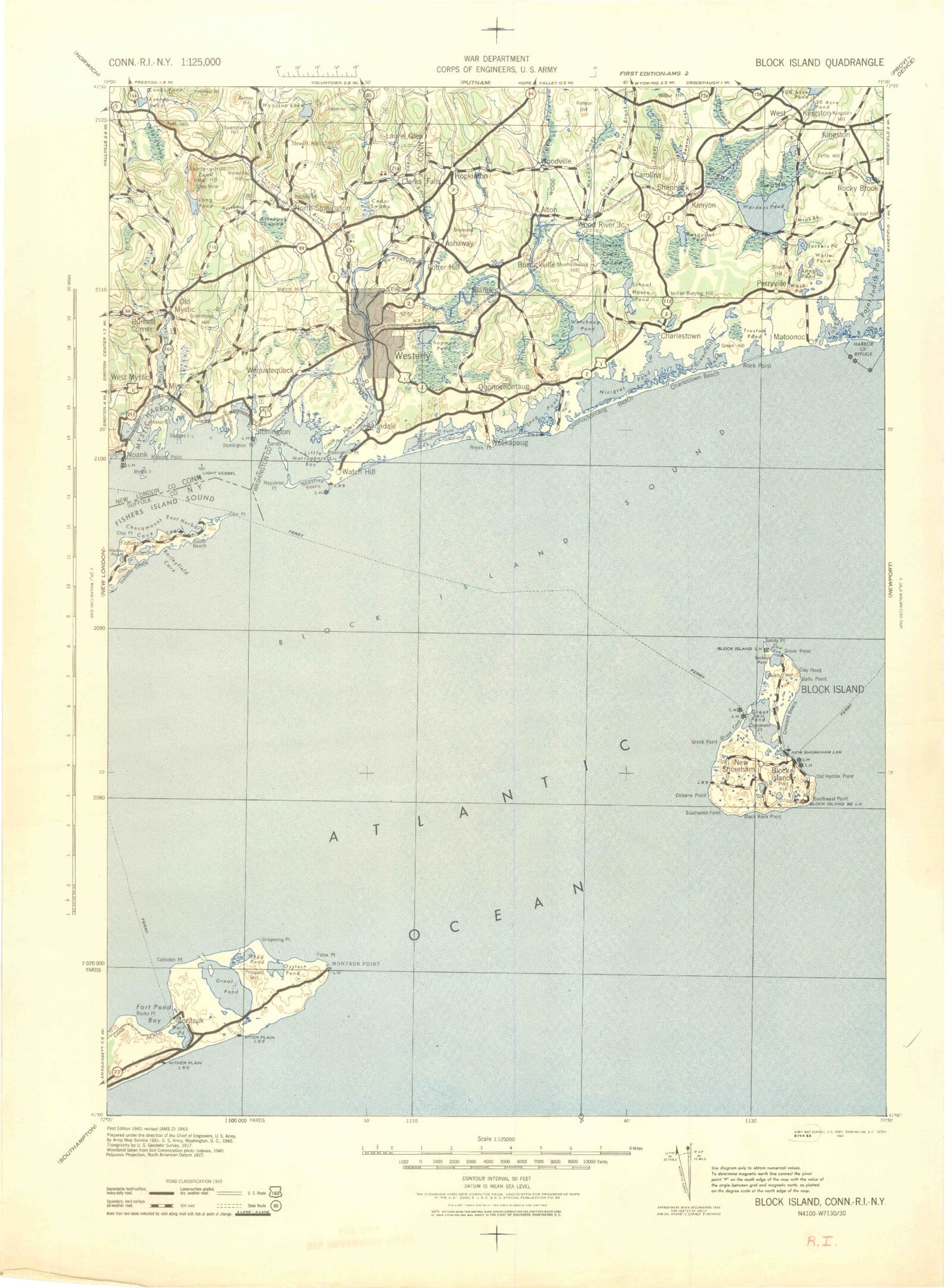 Historic 1942 Block Island Connecticut 30'x30' Topo Map Image