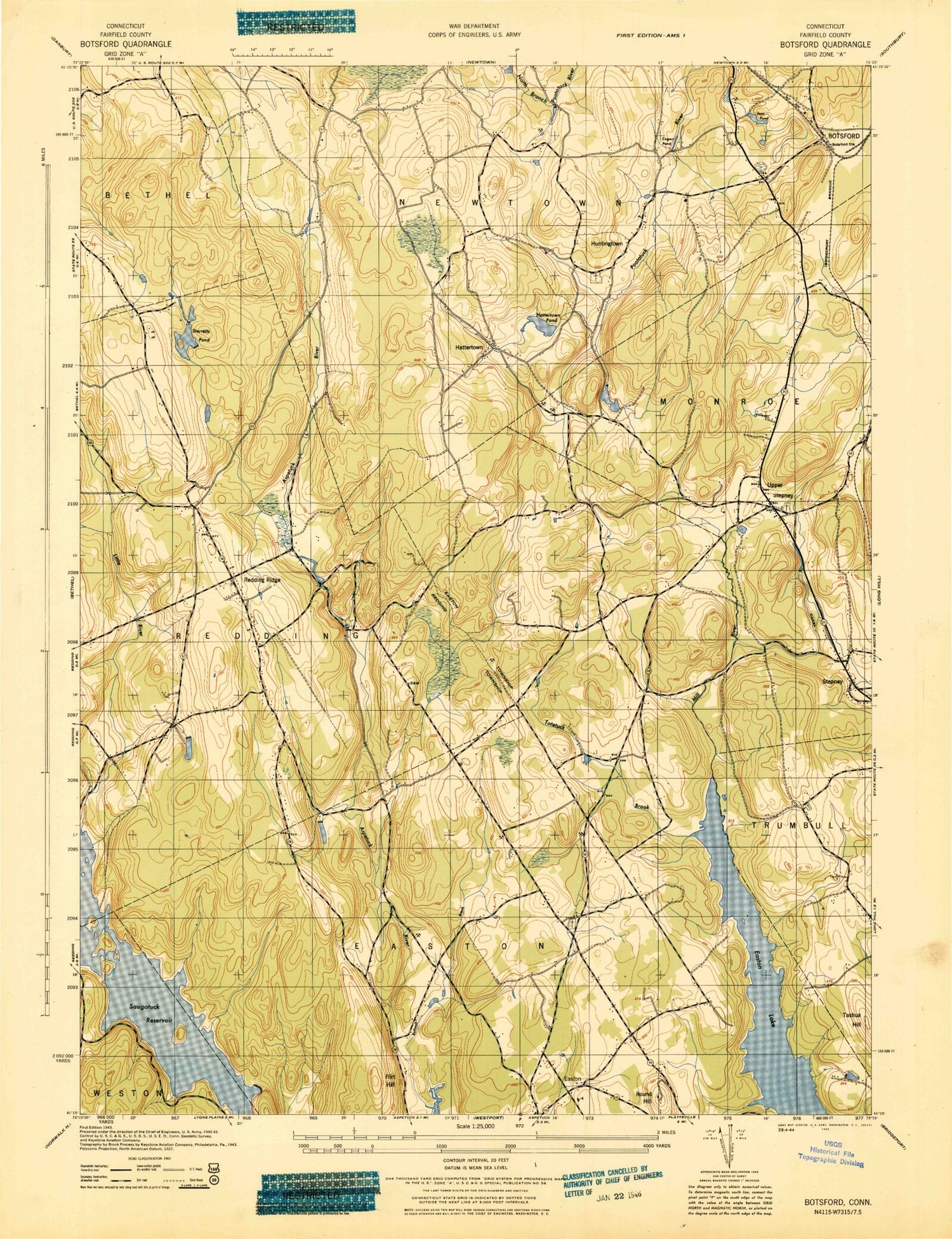 Classic USGS Botsford Connecticut 7.5'x7.5' Topo Map Image