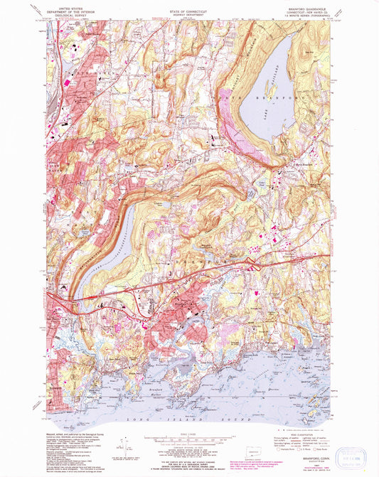 Classic USGS Branford Connecticut 7.5'x7.5' Topo Map Image
