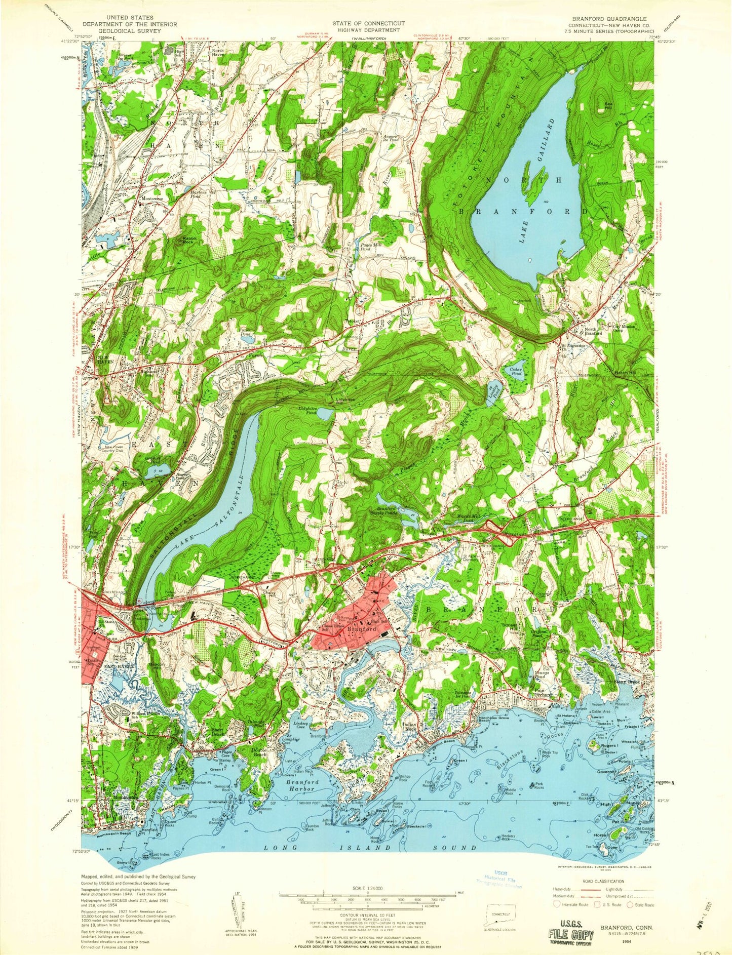 Classic USGS Branford Connecticut 7.5'x7.5' Topo Map Image