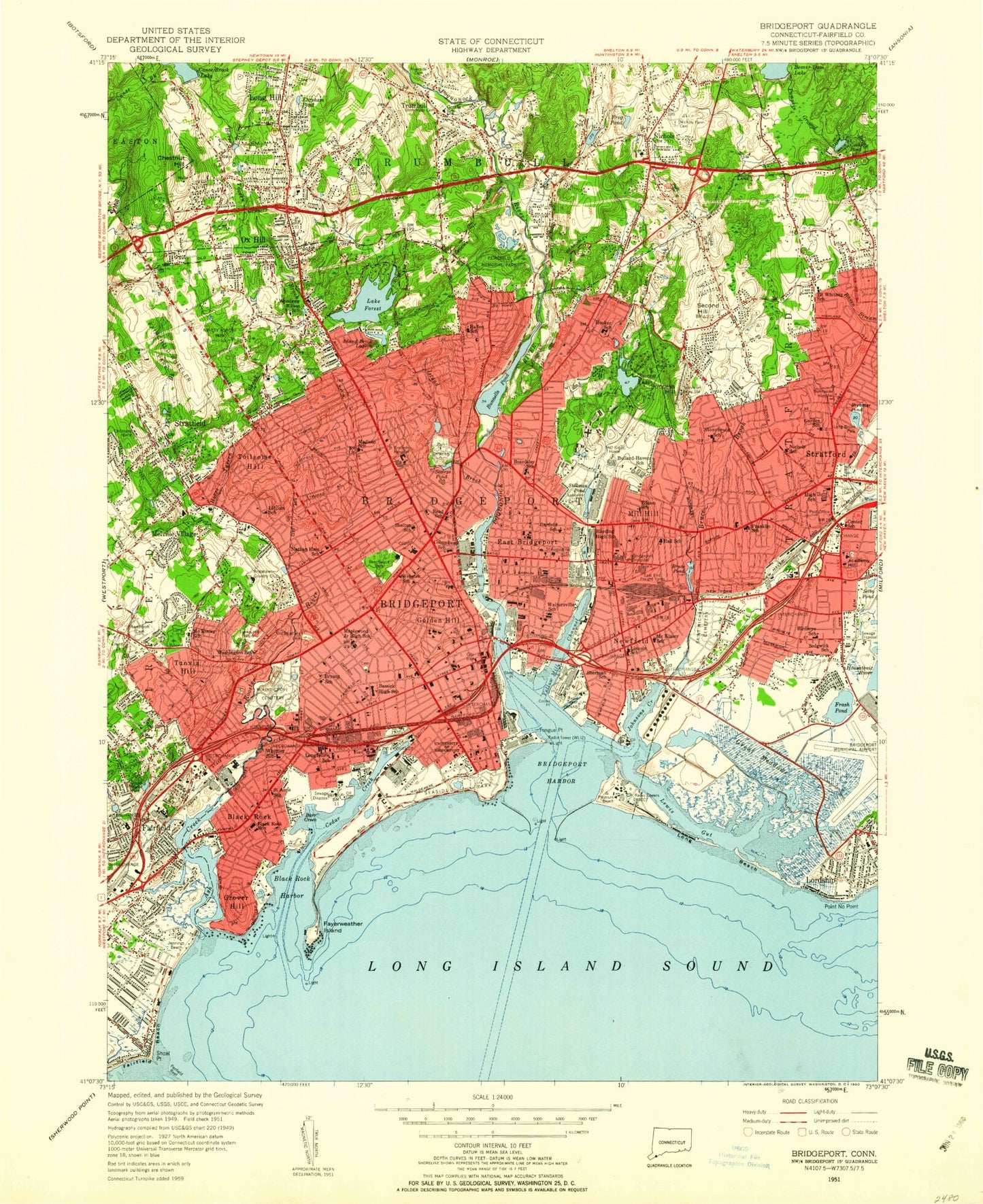 Classic USGS Bridgeport Connecticut 7.5'x7.5' Topo Map Image