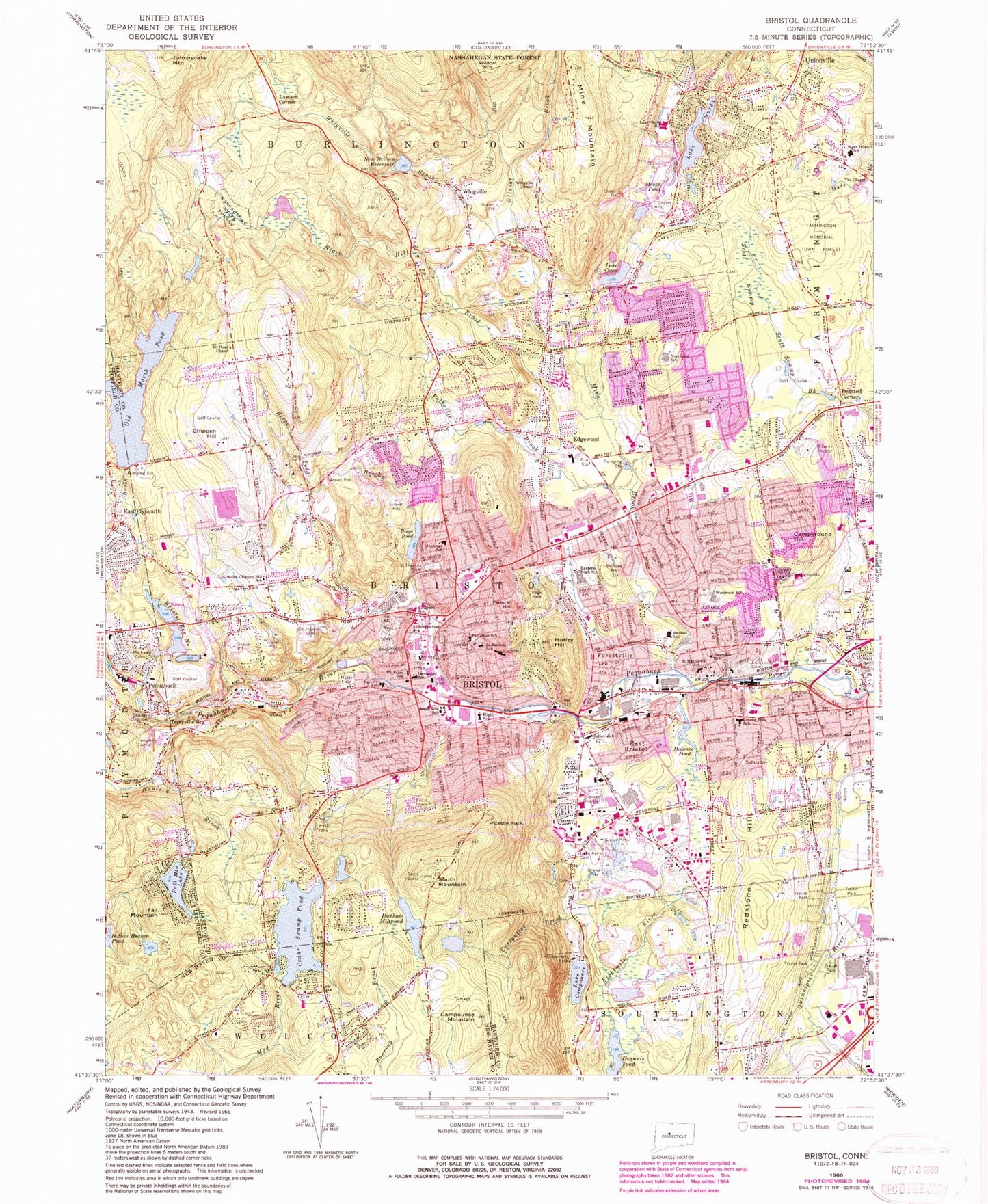 Classic USGS Bristol Connecticut 7.5'x7.5' Topo Map Image