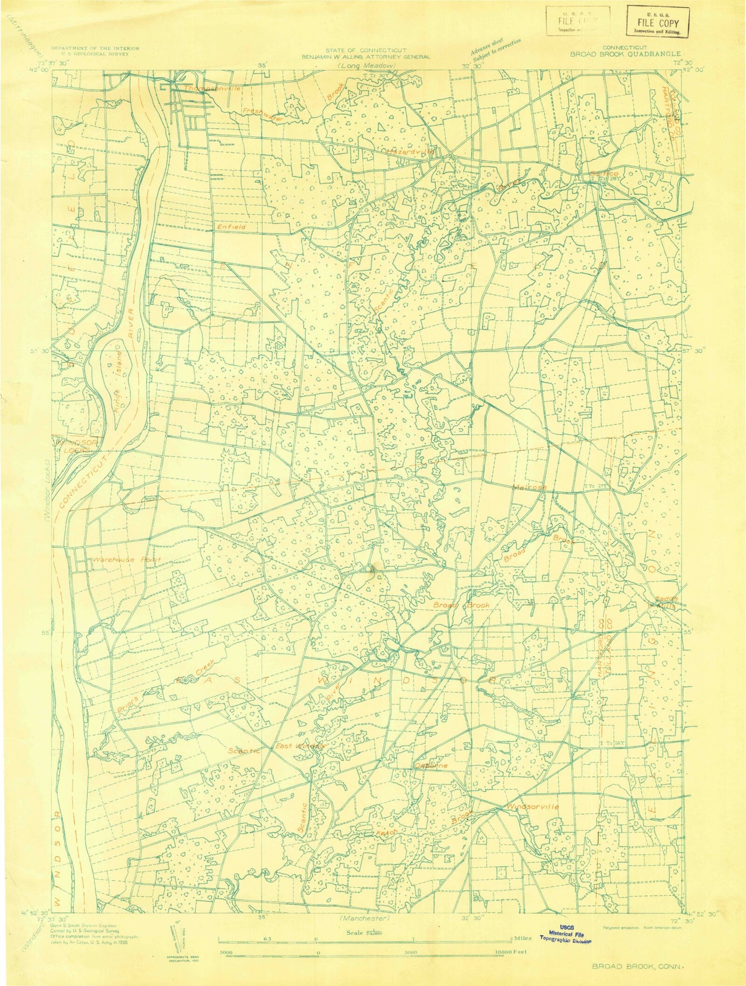 Classic USGS Broad Brook Connecticut 7.5'x7.5' Topo Map Image
