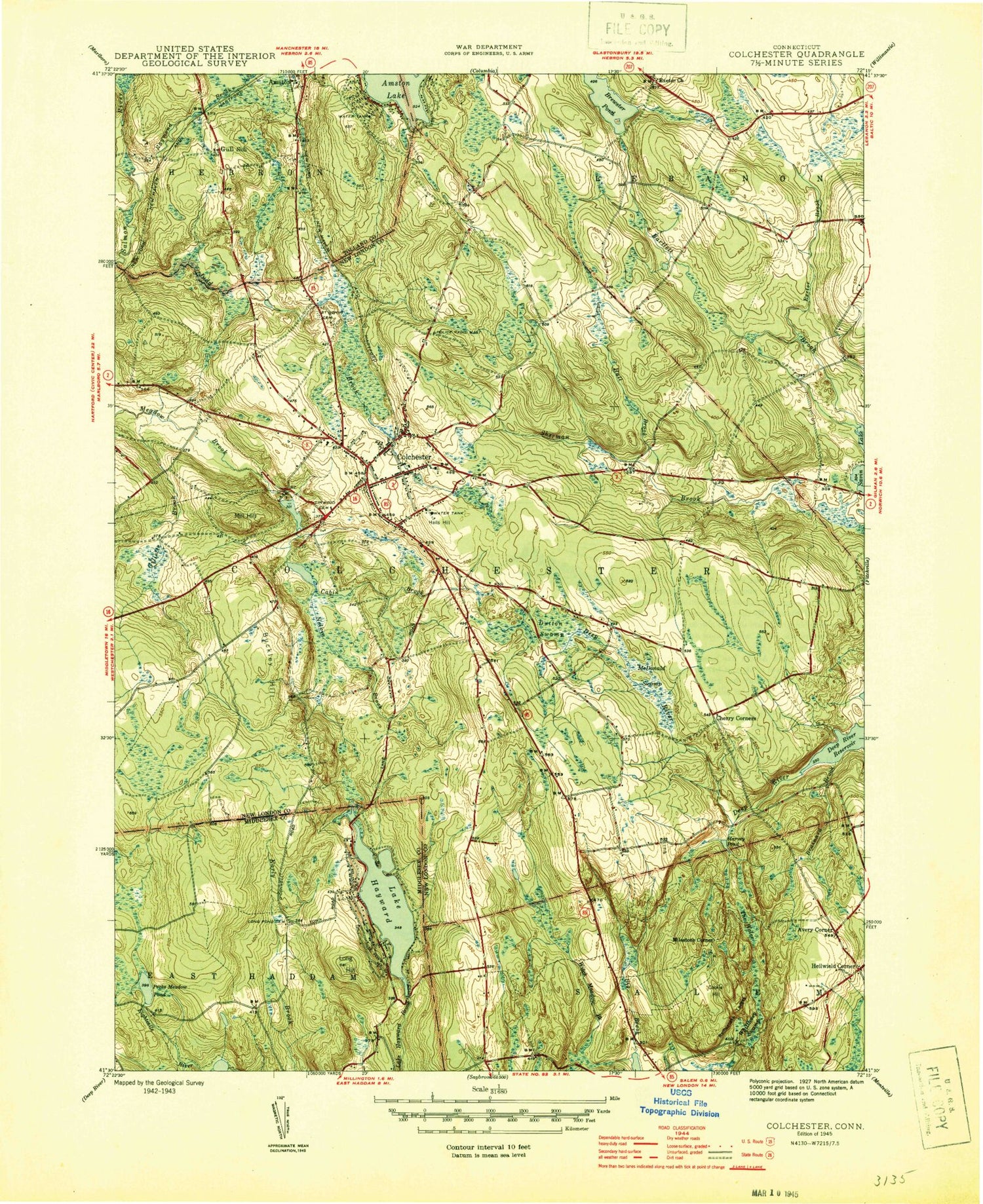 Classic USGS Colchester Connecticut 7.5'x7.5' Topo Map Image