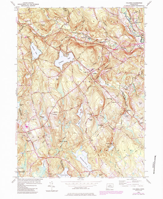 Classic USGS Columbia Connecticut 7.5'x7.5' Topo Map Image