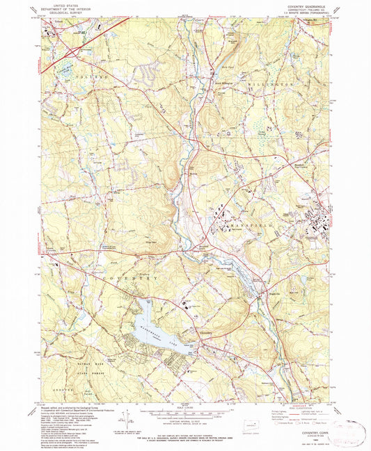 Classic USGS Coventry Connecticut 7.5'x7.5' Topo Map Image