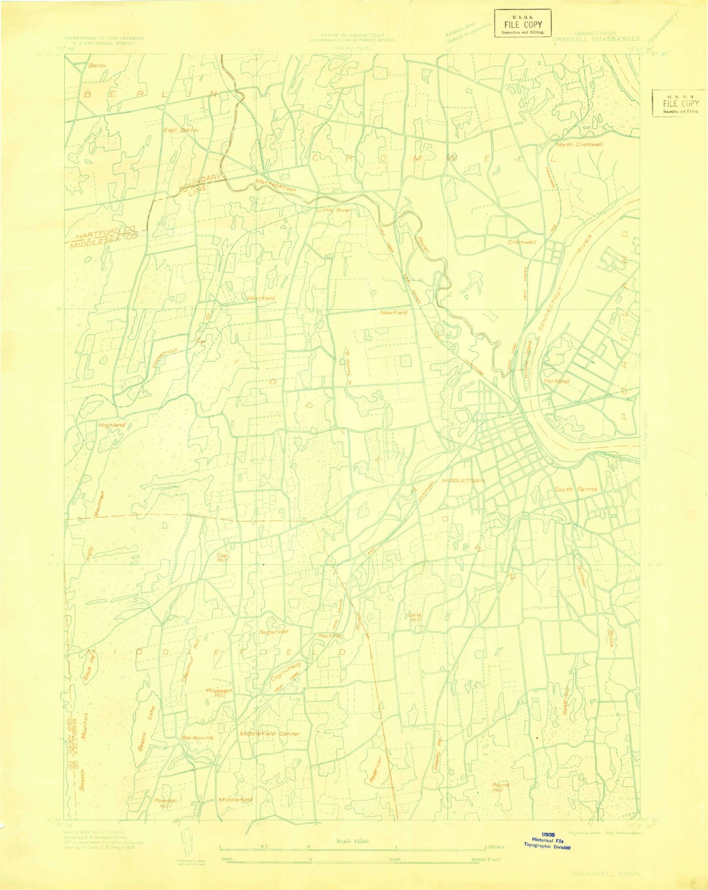 Classic USGS Middletown Connecticut 7.5'x7.5' Topo Map Image