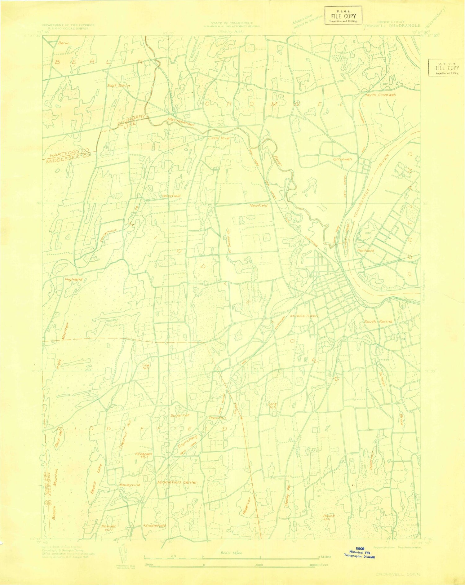 Classic USGS Middletown Connecticut 7.5'x7.5' Topo Map Image