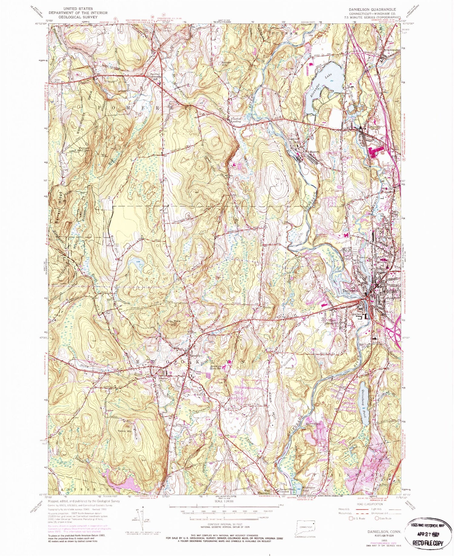 Classic USGS Danielson Connecticut 7.5'x7.5' Topo Map Image