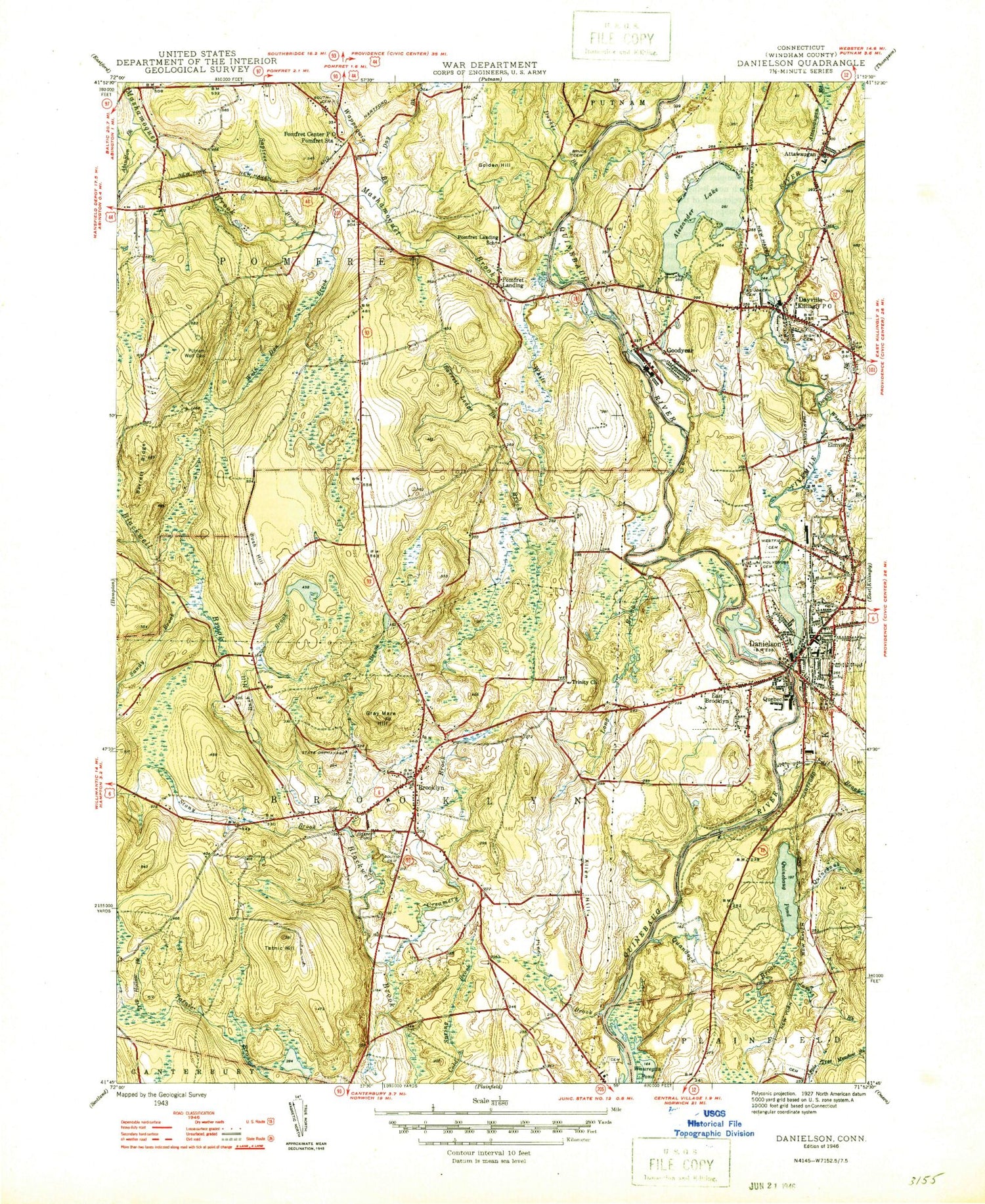 Classic USGS Danielson Connecticut 7.5'x7.5' Topo Map Image